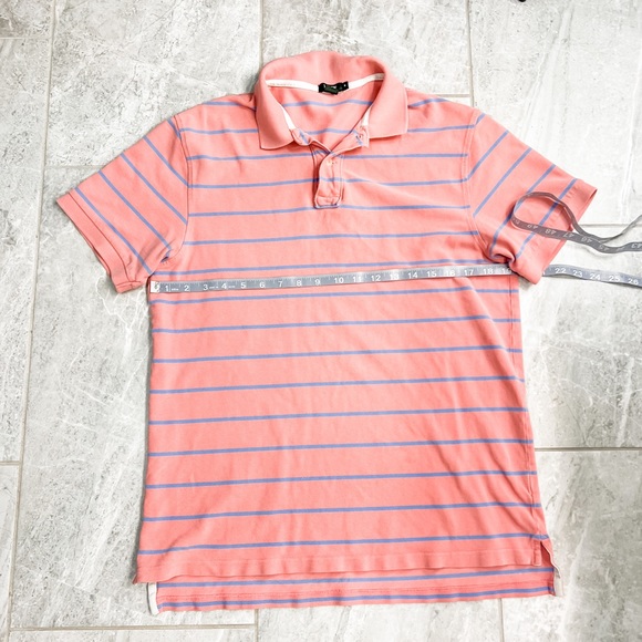 J. Crew Salmon and Blue Striped Outdoor Gold Polo Size Medium - Picture 4 of 6